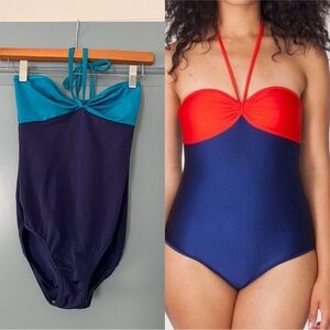 American Apparel Blue and teal color-block Halter One-Piece Swimsuit size S